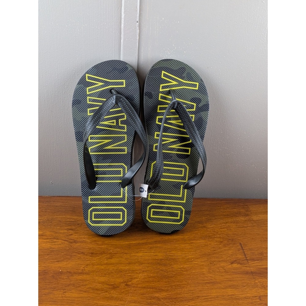 Old Navy Mens Camo Flip Flop Sandals Green Yellow Logo Size L 8-9